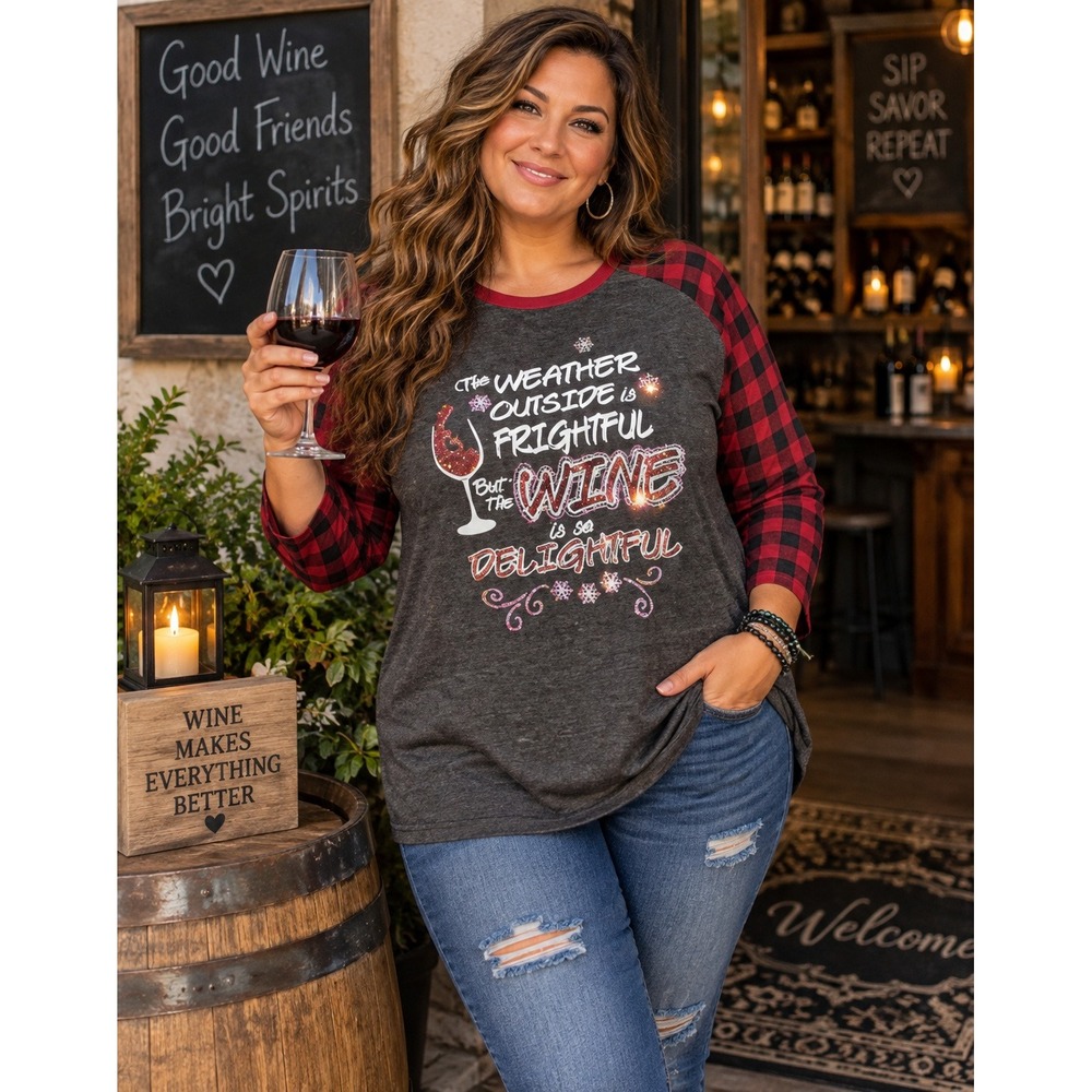 Luxury Womens 2XL Raglan Wine Holiday Graphic Tee Plaid Sleeve Gray Red